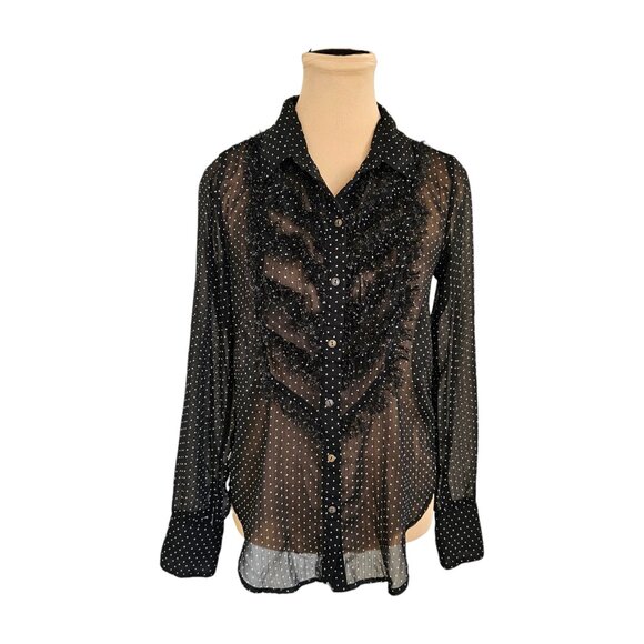 Free People Polka Dot Collared Fringe Long Sleeve Sheer Blouse Sz XS - Picture 1 of 12